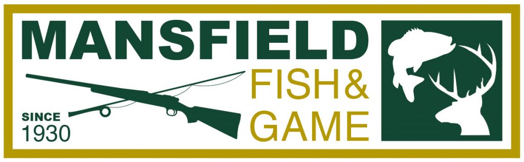Rectangular gold and black Mansfield Fish & Game logo